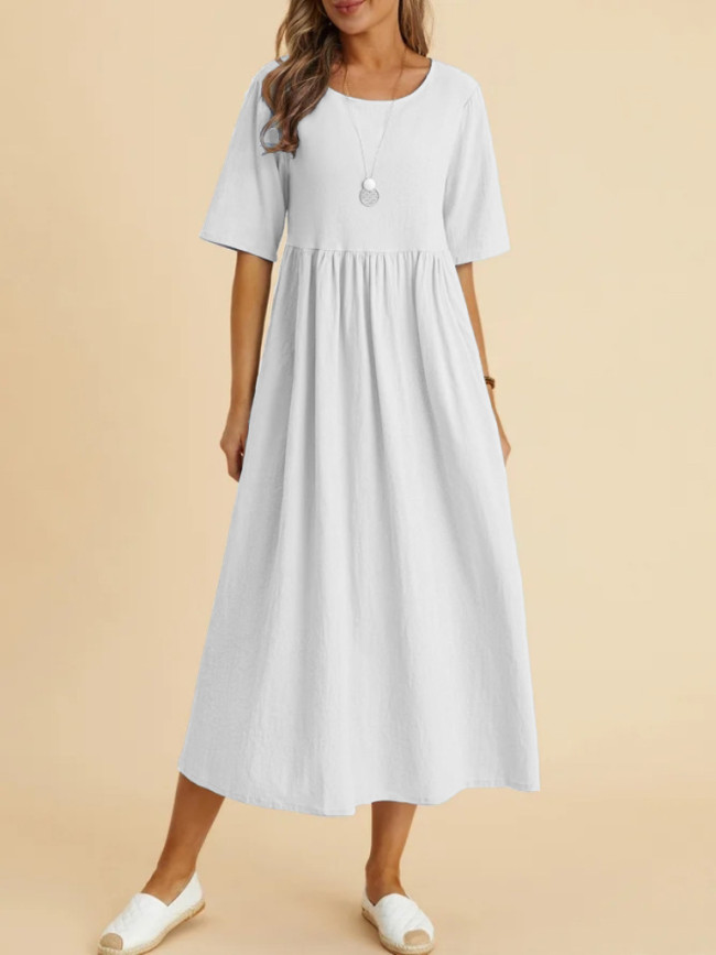 Women's Cotton Linen Dress Crew Neck Short Sleeve Midi Linen Dress