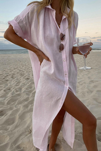 Women's Cotton Linen Shirt Dress Beach Holiday Casual Shirt Collar Dress