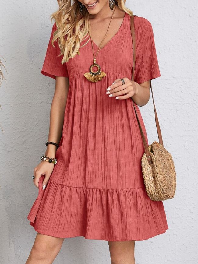 Women's Summer Dress V-Neck Short Sleeve Solid Cake Layer Dresses