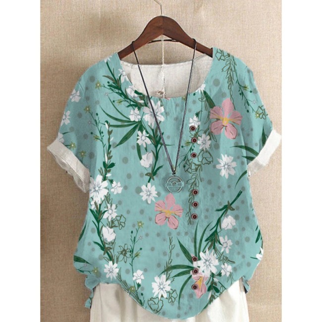 Vintage Cotton Linen Flora Print Loose Casual Short Sleeve T-Shirt