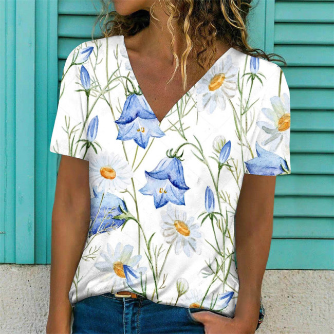 Women's Floral Tops V-Neck Flower Print Spring Summer Casual T-Shirts