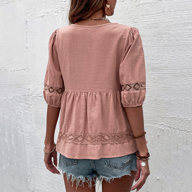 Women's Blouse Embroidered Floral V-Neck Mid-Sleeve Casual Pink Shirts