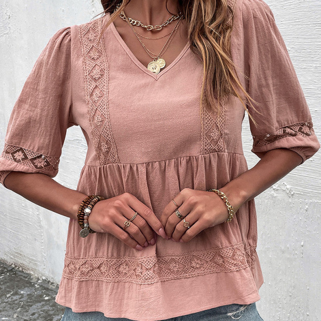 Women's Blouse Embroidered Floral V-Neck Mid-Sleeve Casual Pink Shirts