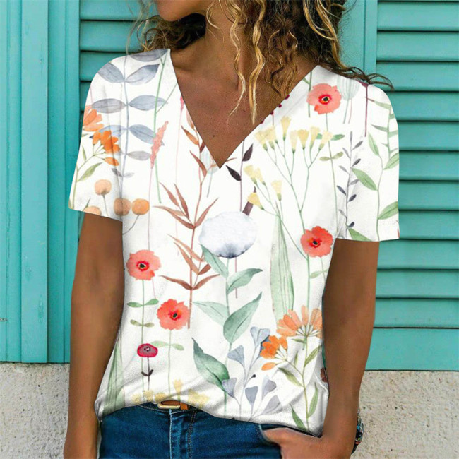 Women's Floral Tops V-Neck Flower Print Spring Summer Casual T-Shirts