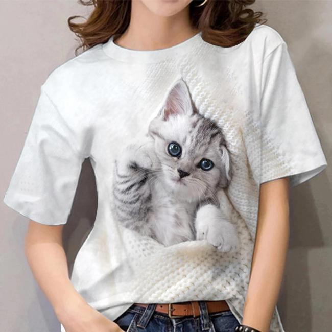 Women's Cute Cat Print T-Shirt Crew Neck Short Sleeve 3D Cat Full Print Tee