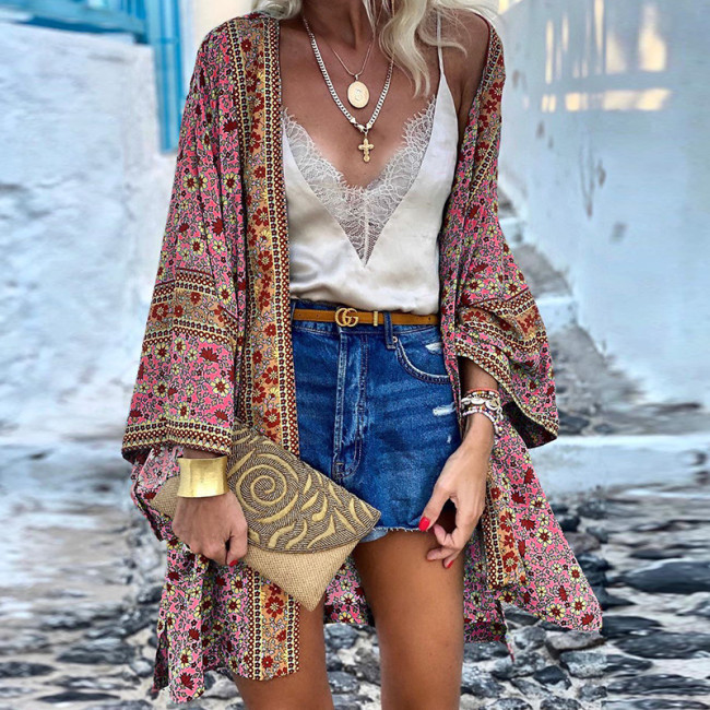 Bohemian Style Floral Pattern Loose Fit Aztec Long Sleeve Open Front Cardigan