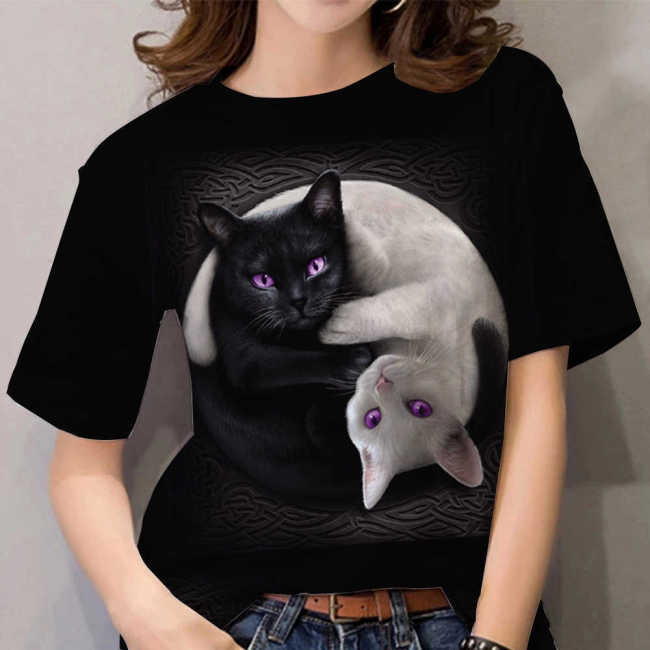 Women's Cute Cat Print T-Shirt Crew Neck Short Sleeve 3D Cat Full Print Tee
