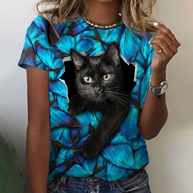 Women's Cute Cat Print T-Shirt Crew Neck Short Sleeve 3D Cat Casual Tee