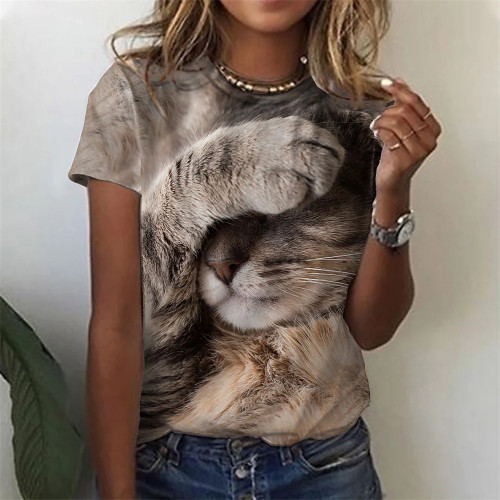 Women's Cute Cat Print T-Shirt Crew Neck Short Sleeve 3D Cat Casual Tee