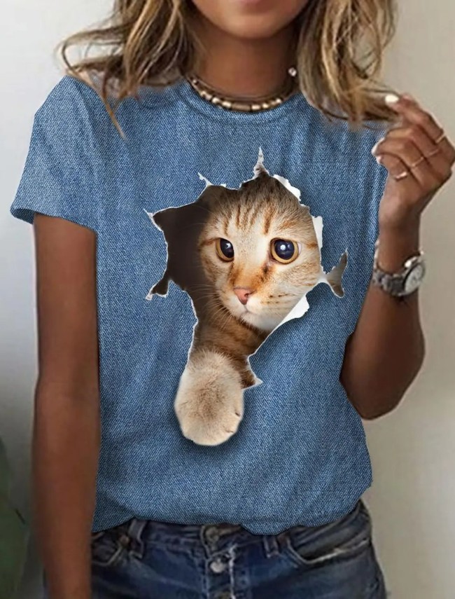 Women's Cute Cat Print T-Shirt Crew Neck Short Sleeve 3D Cat Casual Tee