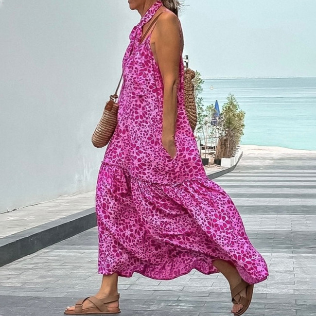 Women's Holiday Beach Dress Sleeveless Backless Pink Leopard Midi Dress