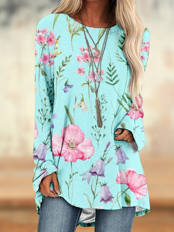 Women's Floral Top Crew Neck Long Sleeve Loose Tunic Top