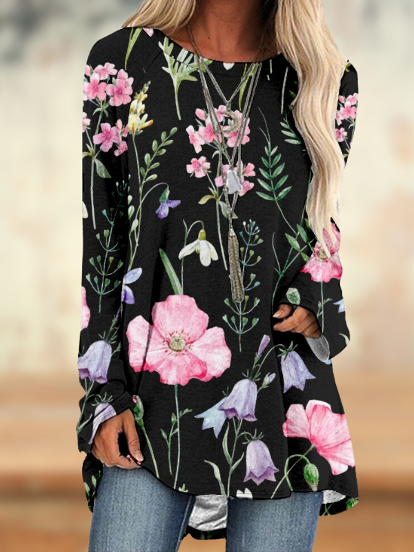 Women's Floral Top Crew Neck Long Sleeve Loose Tunic Top