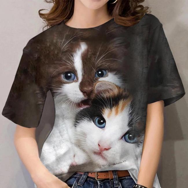 Women's Cute Cat Print T-Shirt Crew Neck Short Sleeve 3D Cat Animal Print Tee