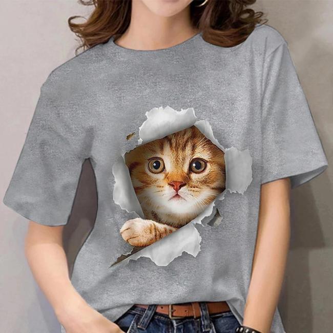 Women's Cute Cat Print T-Shirt Crew Neck Short Sleeve 3D Cat Full Print Tee Top