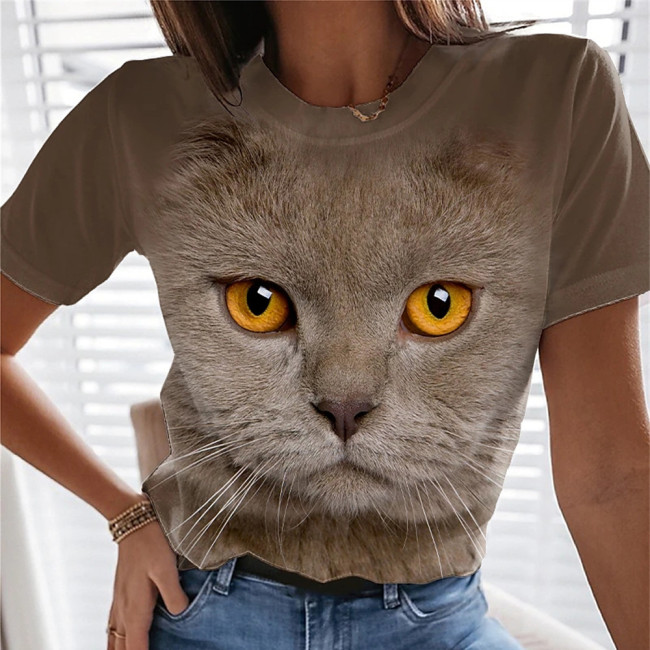 Women's Cute Cat Print T-Shirt Crew Neck Short Sleeve 3D Cat Animal Print Tee