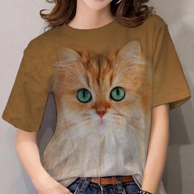 Women's Cute Cat Print T-Shirt Crew Neck Short Sleeve 3D Cat Full Print Tee Top