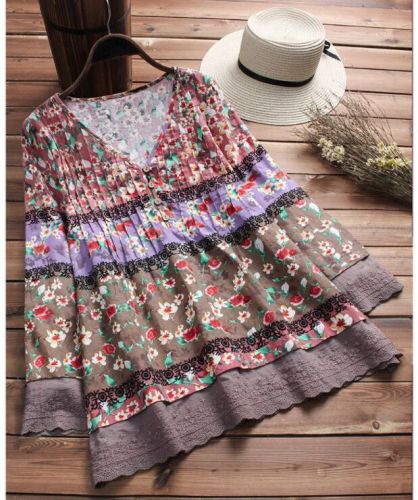 Women's Boho Blouse Cotton Linen Vintage Shirts V-Neck Pleated Lace Hem Shirt Blouse