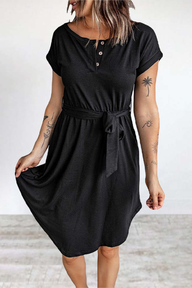Casual Daily Solid Buttons O Neck Short Sleeve Dress Dresses