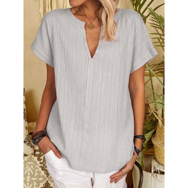 Solid Color Cotton and Linen Basic Short-Sleeved Top for Women