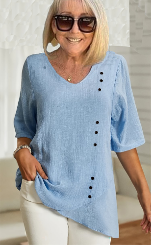 Women's Plain Button Trim V-Neck Short Sleeve Asymmetrical Hem T-Shirt