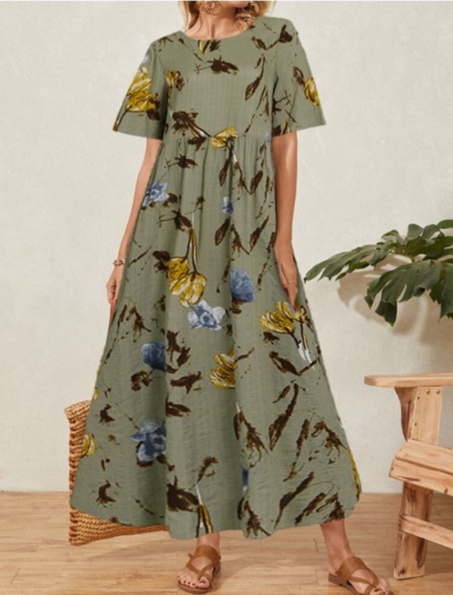 Women's Linen Dresses Vintage Retro Floral Print Crew Neck Short Sleeve Mini Dress