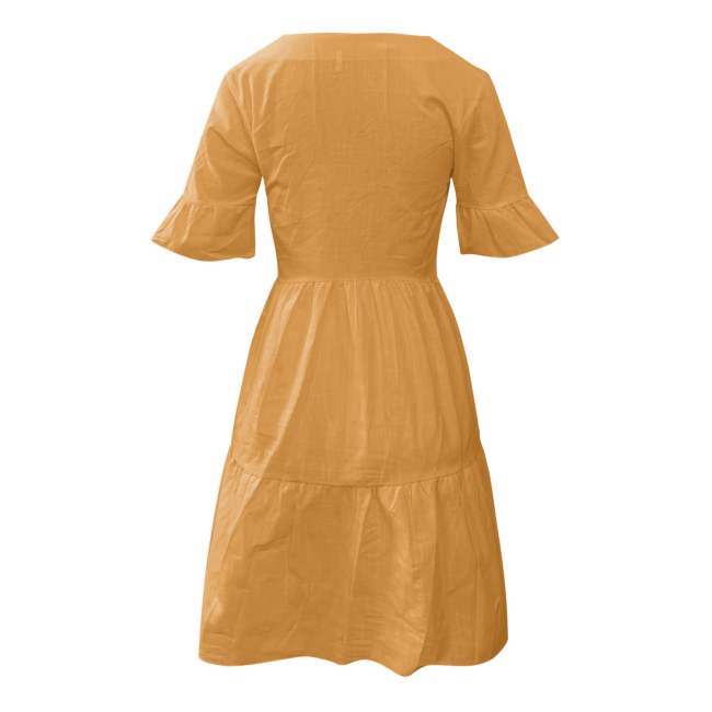 V-neck Solid Color Pocket Dress