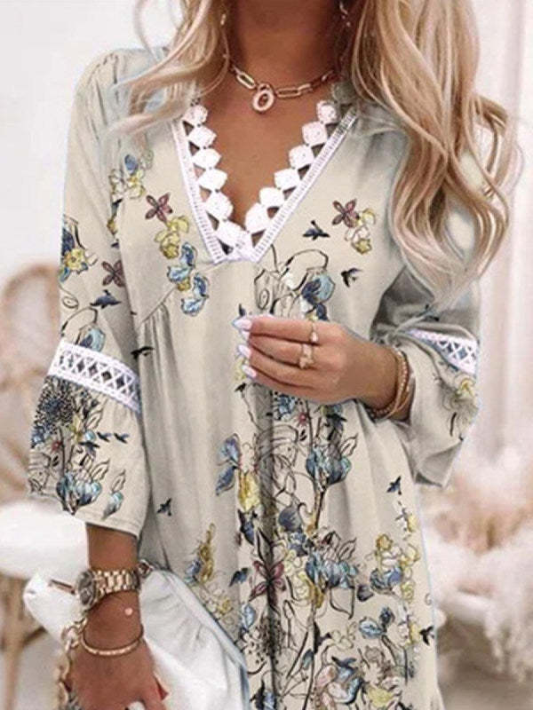 V-neck Printed Lace Stitching Bohemian Style Holiday Dress