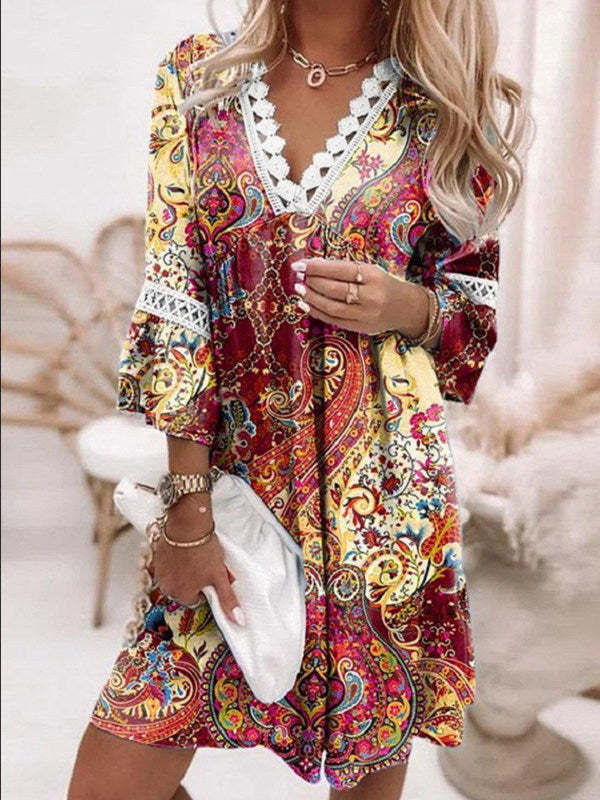 V-neck Printed Lace Stitching Bohemian Style Holiday Dress