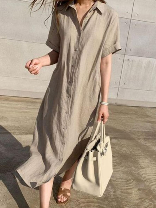 Women's Linen Dress Minimalist Style Lapel Single-Breasted Shirt Dresses