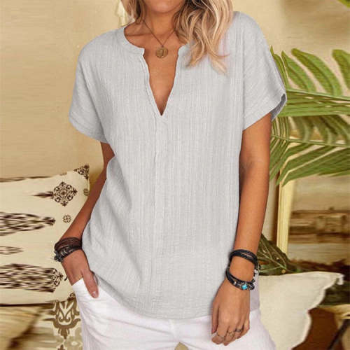 Solid Color Cotton and Linen Basic Short-Sleeved Top for Women
