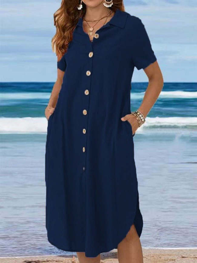 Short-sleeved Casual Cotton and Linen Dress