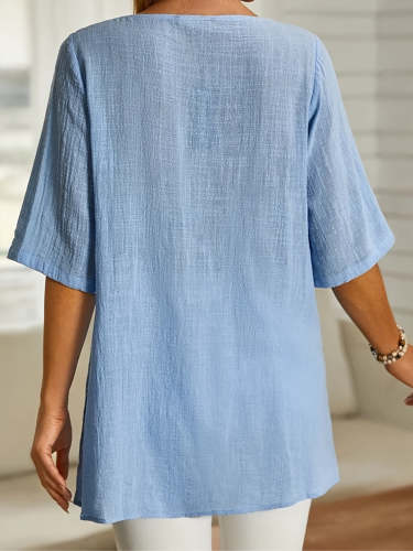 Women's Plain Button Trim V-Neck Short Sleeve Asymmetrical Hem T-Shirt