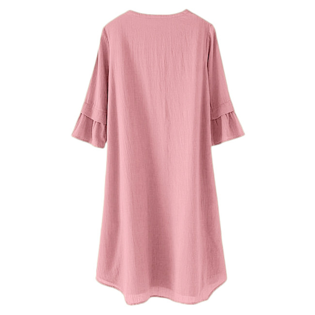 Women's Spring Summer Dress V-Neck Cotton Linen Mid Sleeve Dress with Pocket