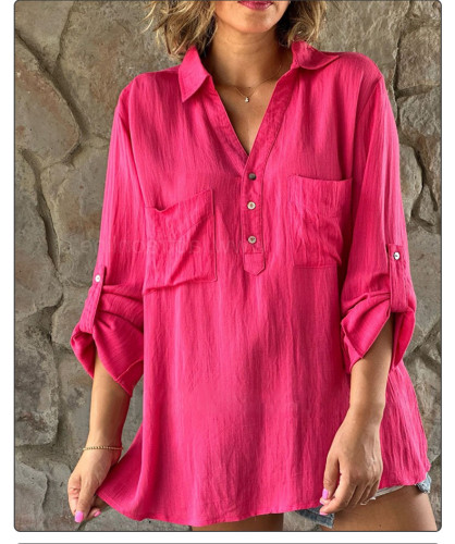 Women's Cotton Linen Shirt V-Neck Linen Blouse with Front Pocket