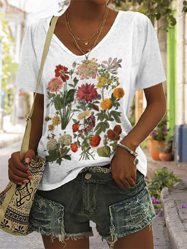 Vintage Cottage Flowers Botanical Art V Neck T Shirt