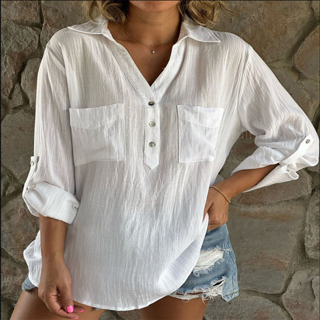 Women's Cotton Linen Shirt V-Neck Linen Blouse with Front Pocket