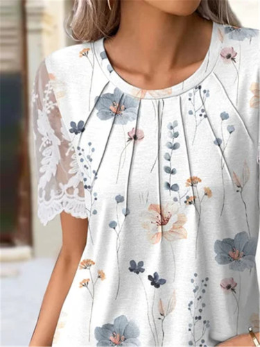Round Neck Casual Loose Floral Print Lace Short Sleeve T-Shirt