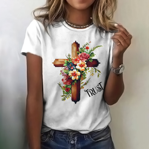 Flower Cross Print Short Sleeve T-Shirt