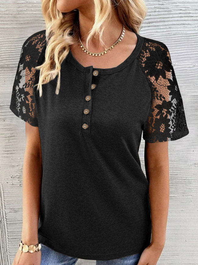 Round Neck Casual Loose Lace Stitching Short-sleeved T-shirt