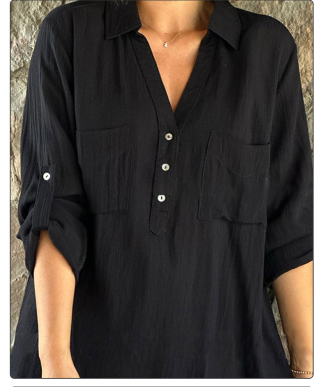 Women's Cotton Linen Shirt V-Neck Linen Blouse with Front Pocket