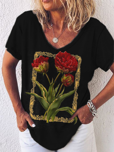 Comfy Vintage Flowers Botanical Art V Neck T Shirt