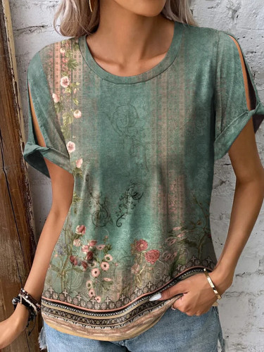 Round Neck Casual Loose Floral Print Short Sleeve T-Shirt