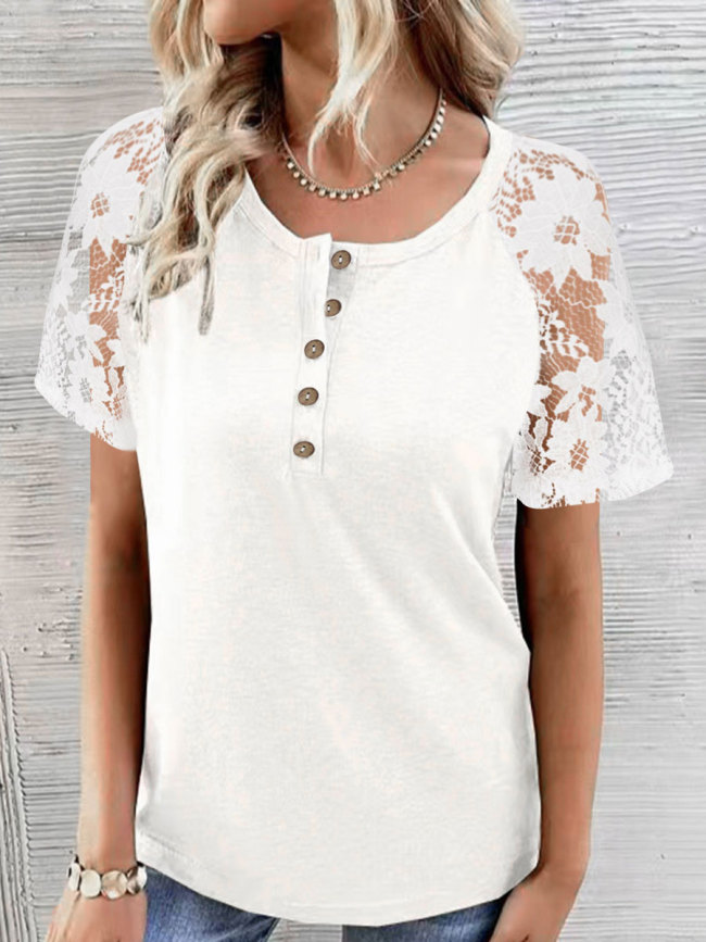 Round Neck Casual Loose Lace Stitching Short-sleeved T-shirt