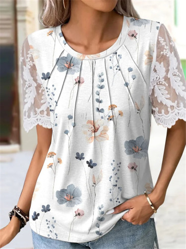 Round Neck Casual Loose Floral Print Lace Short Sleeve T-Shirt