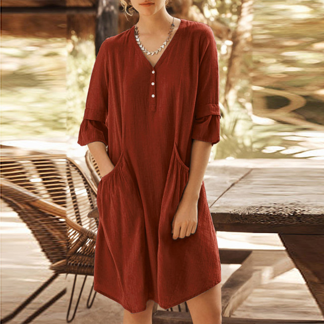 Women's Spring Summer Dress V-Neck Cotton Linen Mid Sleeve Dress with Pocket
