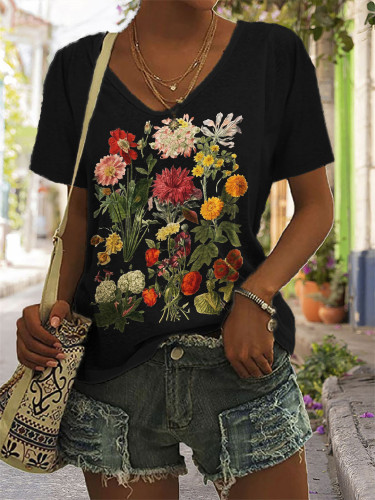 Vintage Cottage Flowers Botanical Art V Neck T Shirt