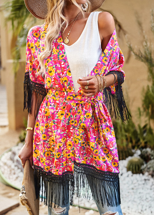 Women's Boho Beach Cover Top Floral Print Open Front Tassel Casual Tops