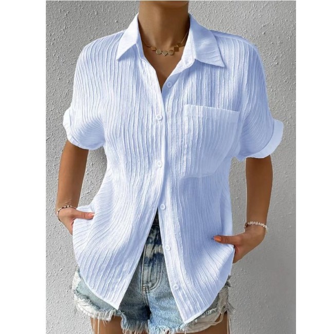 Women's Casual Shirt Short Sleeve Lapel Pleated Blouses