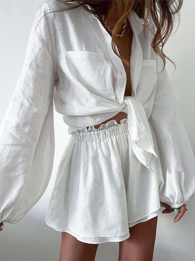 Women Shorts Sets Solid White Loose Outfits Long Blouse and Ruffle Short Pant 2Piece Set